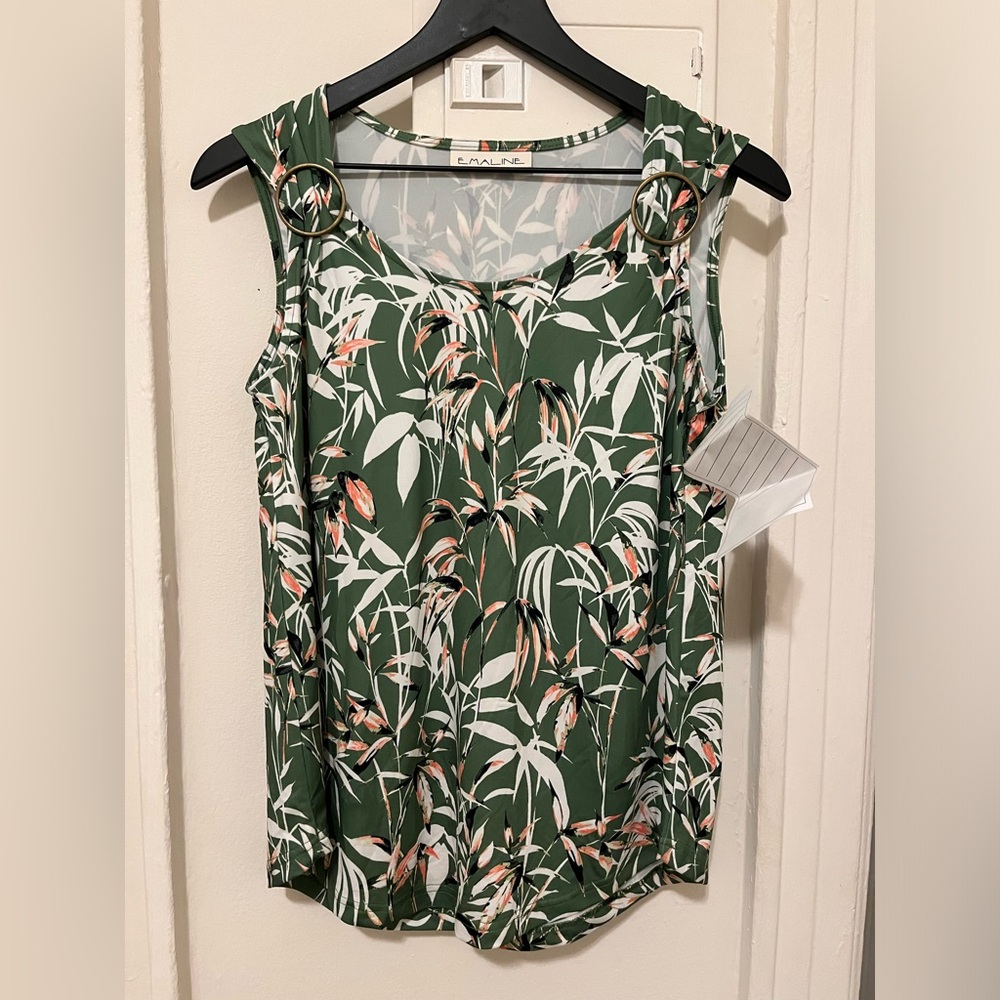 Emaline Green Floral Sleeveless Top With Metal Hardware